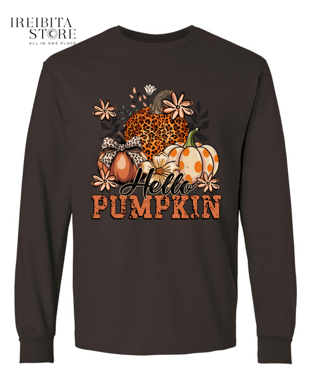 Hello Pumpkin Long Sleeve Shirt – 100% Cotton, Fall & Halloween Tee