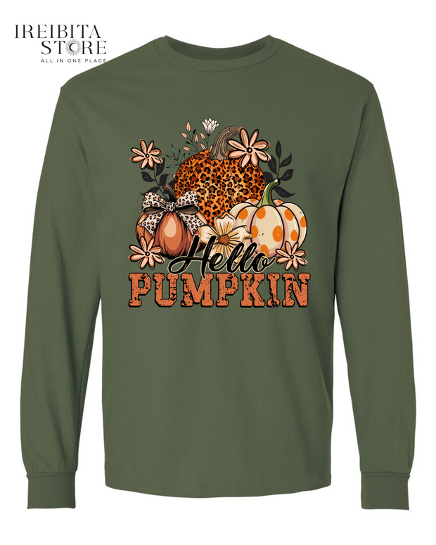 Hello Pumpkin Long Sleeve Shirt – 100% Cotton, Fall & Halloween Tee
