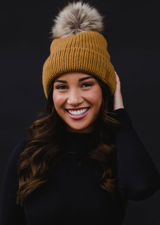 Camel Cable Knit Pom Hat