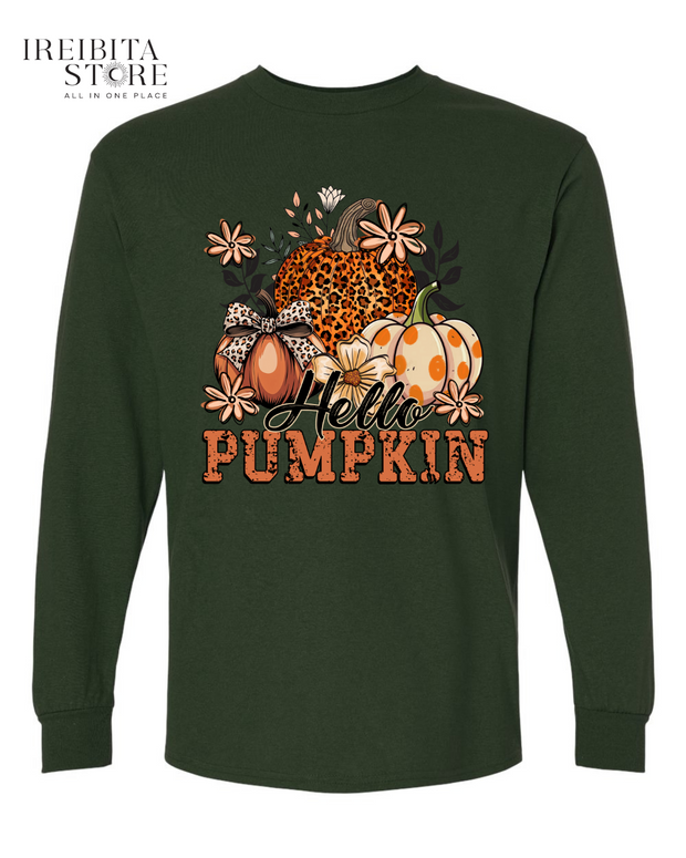 Hello Pumpkin Long Sleeve Shirt – 100% Cotton, Fall & Halloween Tee