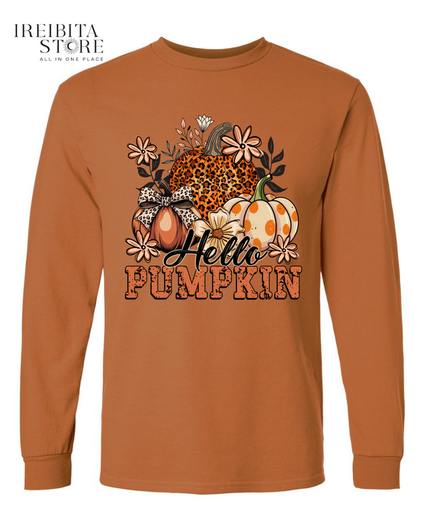 Hello Pumpkin Long Sleeve Shirt – 100% Cotton, Fall & Halloween Tee