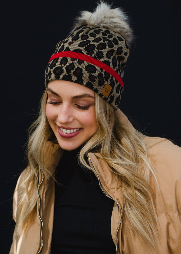 Leopard w/ Red Stripe Pom Hat, Multicolor Beanie Hat, Warm Winter Knit Hat, Slouchy Fashion Beanie Cap for Women