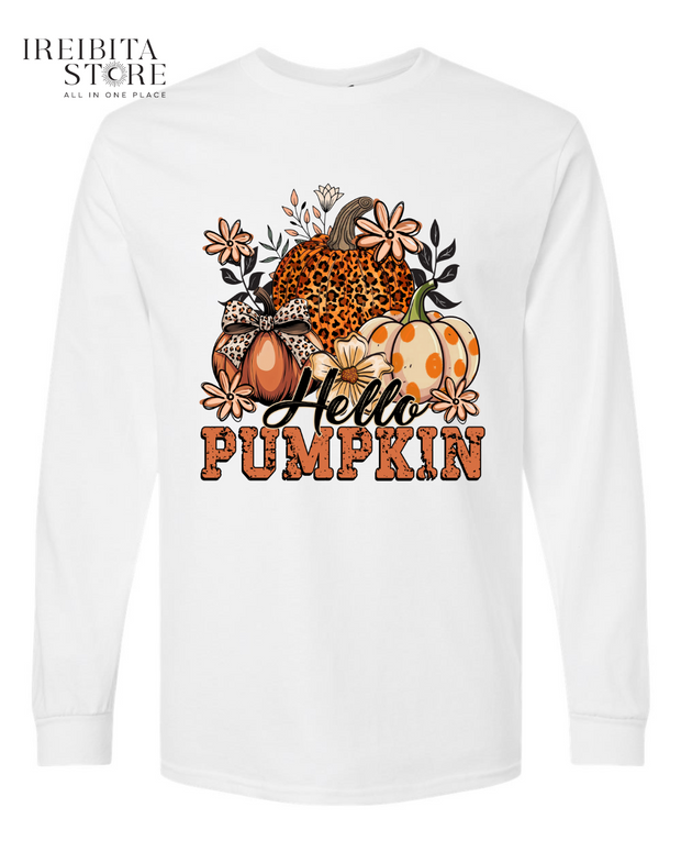 Hello Pumpkin Long Sleeve Shirt – 100% Cotton, Fall & Halloween Tee