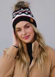 Black, White & Rust Patterned Pom Hat