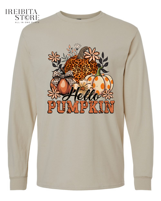 Hello Pumpkin Long Sleeve Shirt – 100% Cotton, Fall & Halloween Tee