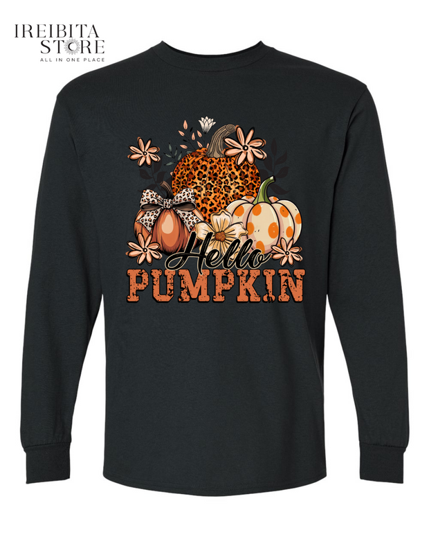 Hello Pumpkin Long Sleeve Shirt – 100% Cotton, Fall & Halloween Tee