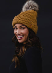 Camel Cable Knit Pom Hat