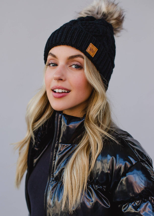 Black Cable Knit w/ Natural Pom Hat