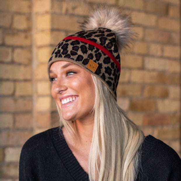 Leopard w/ Red Stripe Pom Hat, Multicolor Beanie Hat, Warm Winter Knit Hat, Slouchy Fashion Beanie Cap for Women