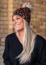 Leopard w/ Red Stripe Pom Hat, Multicolor Beanie Hat, Warm Winter Knit Hat, Slouchy Fashion Beanie Cap for Women