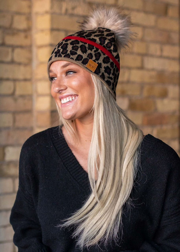Leopard w/ Red Stripe Pom Hat, Multicolor Beanie Hat, Warm Winter Knit Hat, Slouchy Fashion Beanie Cap for Women