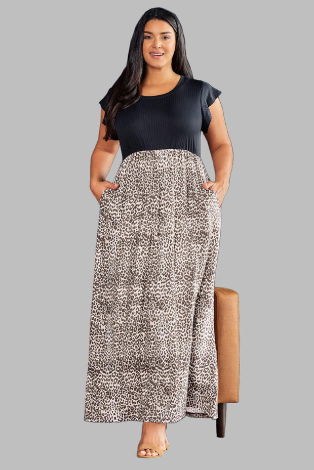 Vestido largo de leopardo negro con bolsillos