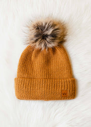 Camel Cable Knit Pom Hat