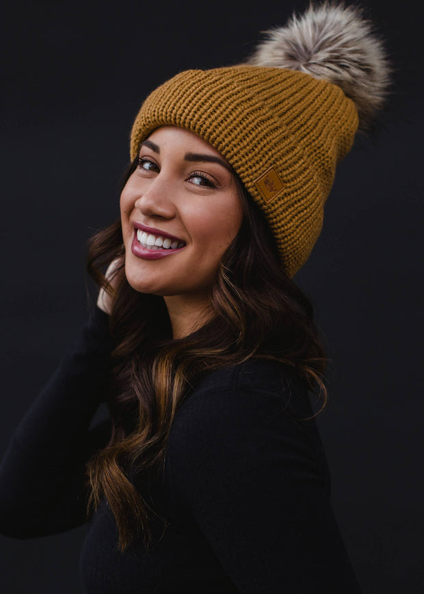Camel Cable Knit Pom Hat
