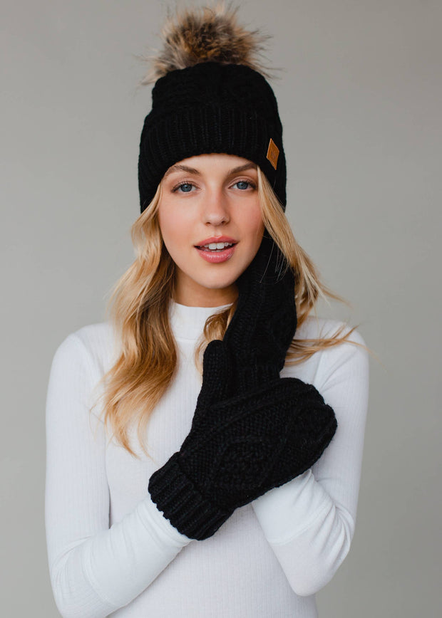 Black Cable Knit w/ Natural Pom Hat