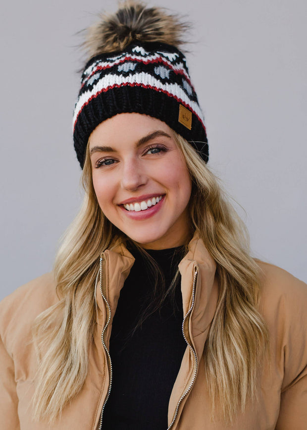 Black, White & Rust Patterned Pom Hat