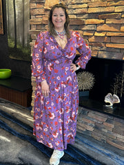 Boho Chic Ruffle V-Neck Long Sleeve Chiffon Floral Printed Maxi Dress – Purple