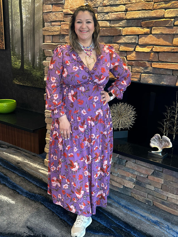 Boho Chic Ruffle V-Neck Long Sleeve Chiffon Floral Printed Maxi Dress – Purple