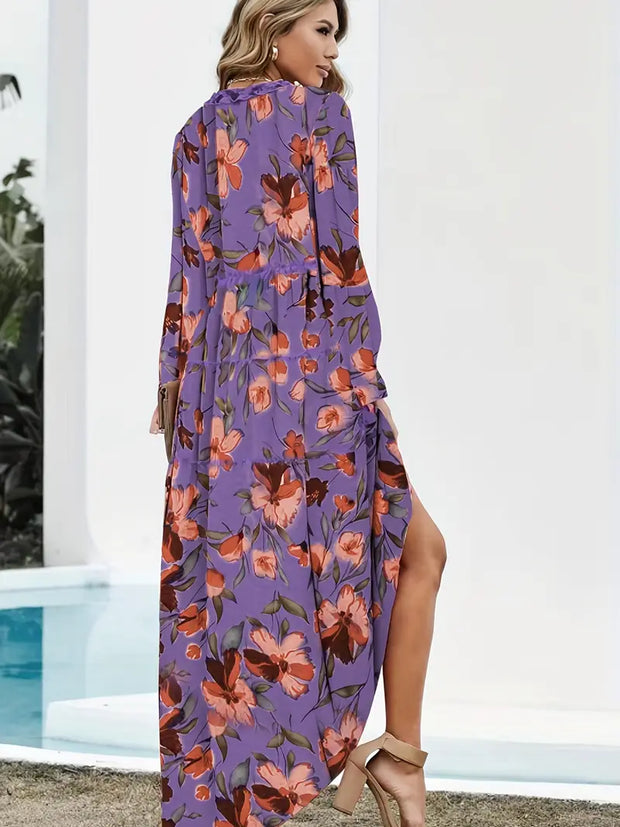 Boho Chic Ruffle V-Neck Long Sleeve Chiffon Floral Printed Maxi Dress – Purple