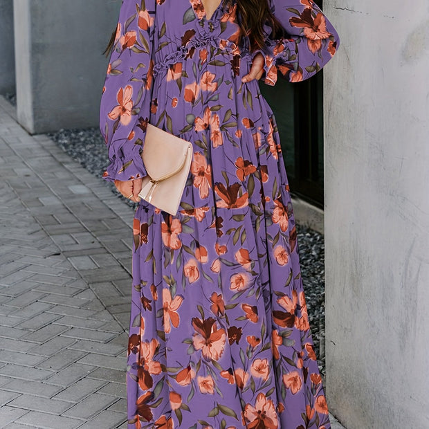 Boho Chic Ruffle V-Neck Long Sleeve Chiffon Floral Printed Maxi Dress – Purple