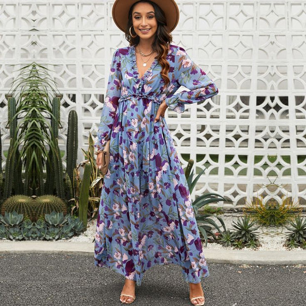 Boho Chic Ruffle V-Neck Maxi Dress – Blue